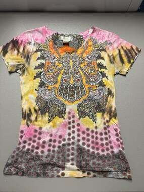 Replica Industry Rhinestone Paisley Tie Dye Short Sleeve V-Neck Top